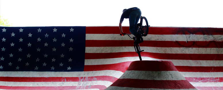 biker at a skate park painted as the American flag